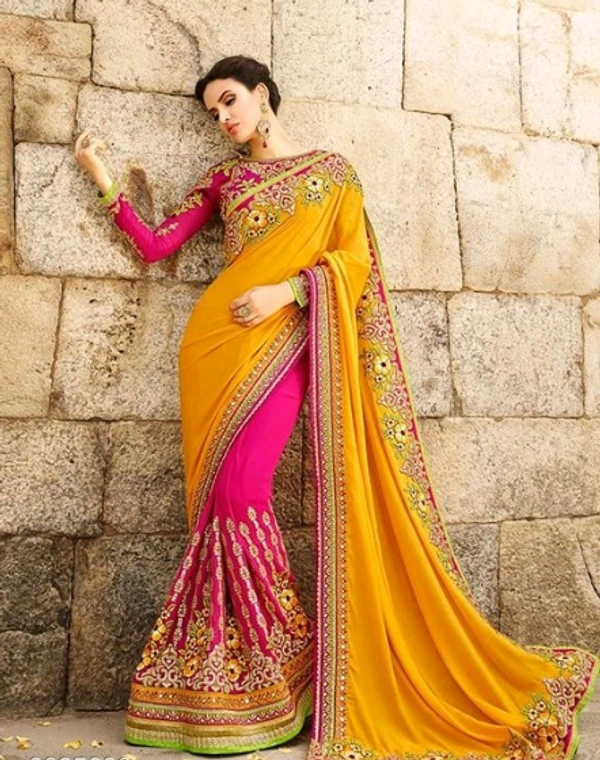 Heavy Embroidered Georgette Multicolour Saree With Separate Blouse for Marriage and party Wear - Yellow/Pink